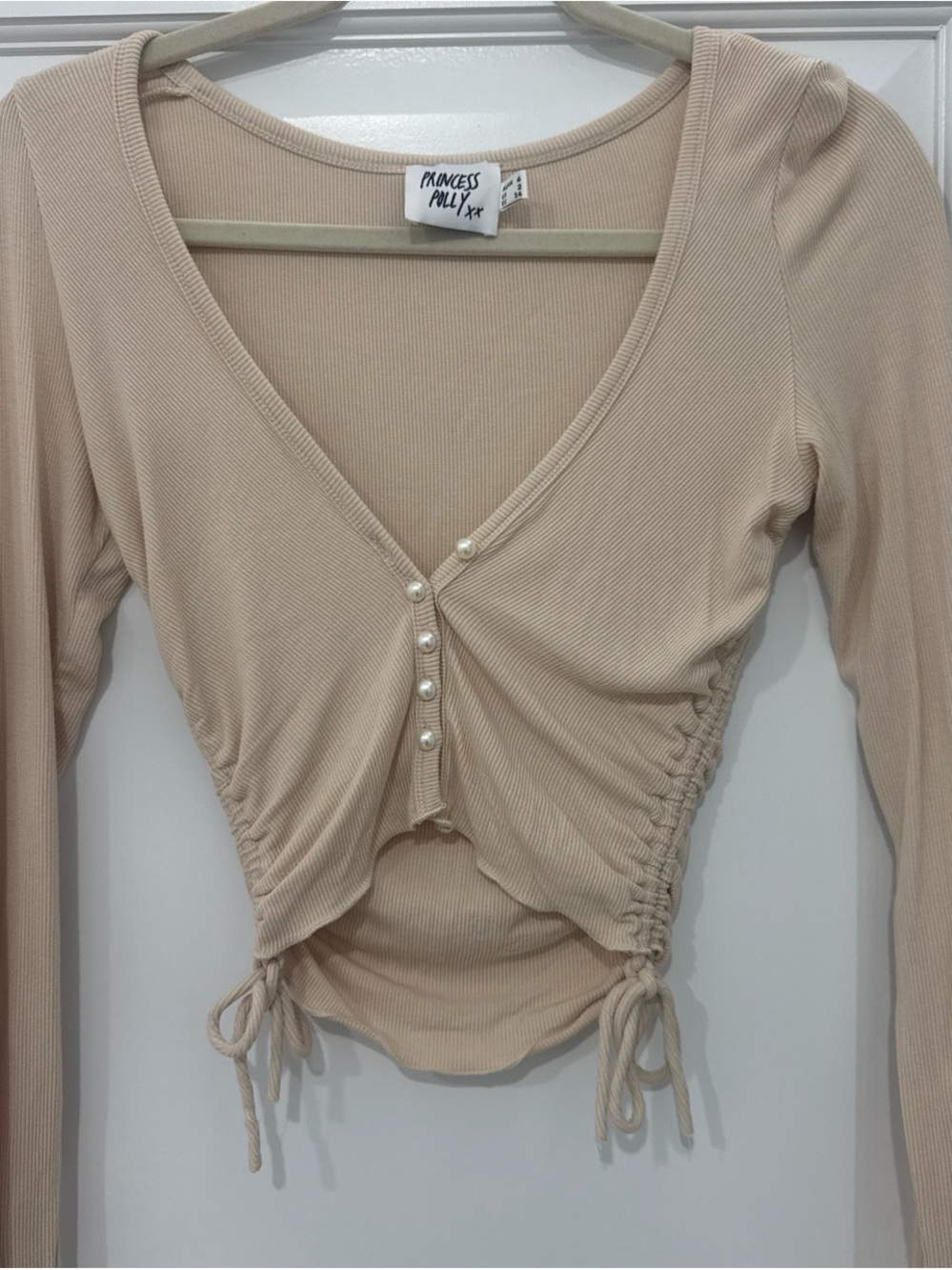 Princess Polly Cream Ruched Pearl-Button V-Neck Crop Top